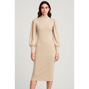 Almost Famous Beige Puff Sleeve Mock Neck Ribbed Sweater Dress Women L Midi
